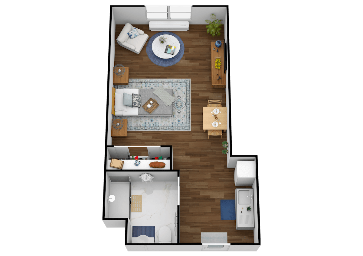 A modern studio apartment floor plan with a cozy living area and stylish interior design.