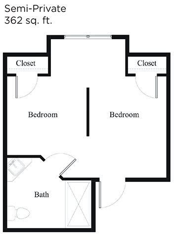 A floor plan layout featuring two bedrooms, each with a closet, and a bathroom.
