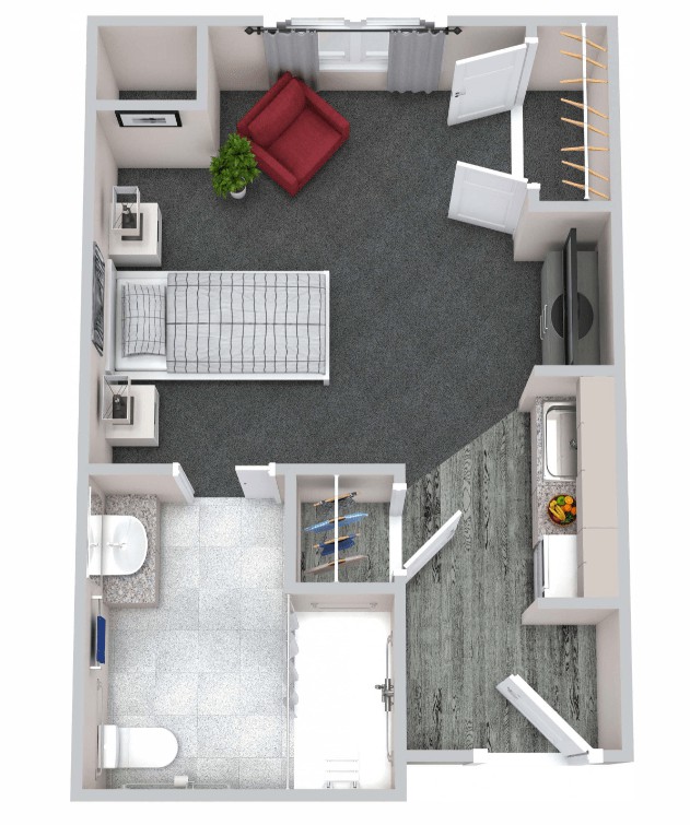 A detailed floor plan of a small apartment featuring a living area, bedroom, and bathroom layout.