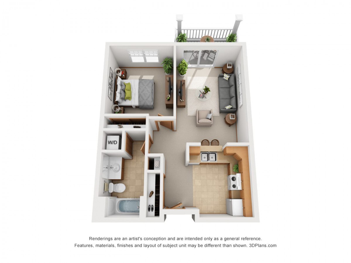 This is a 3D floor plan of a one-bedroom apartment featuring a living room, kitchen, and bathroom.