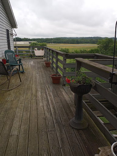 A cozy wooden deck adorned with potted plants, offering a serene view of the cloudy rural landscape.