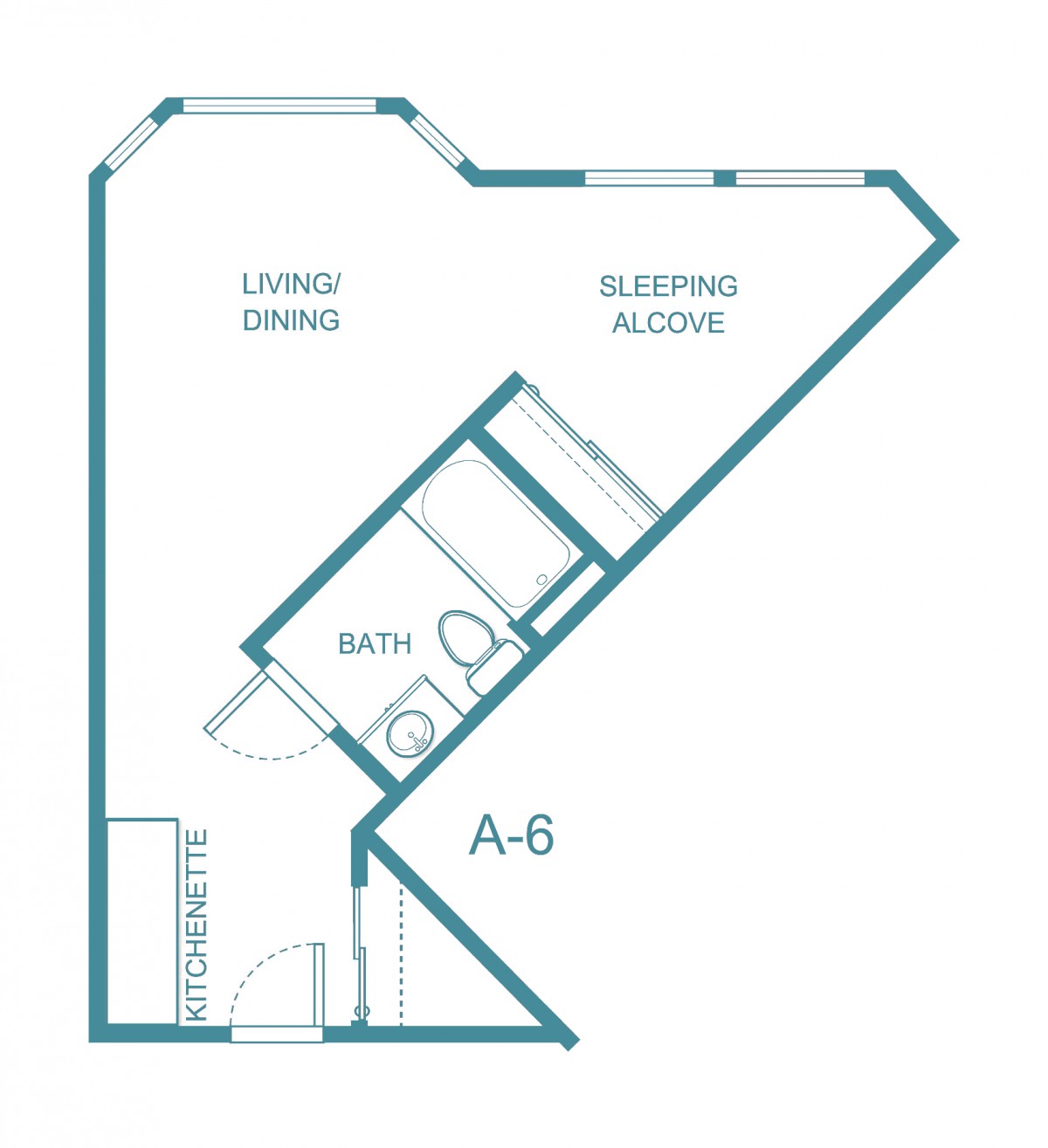 A floor plan of a studio apartment, featuring a living/dining area, sleeping alcove, bathroom, and balcony.