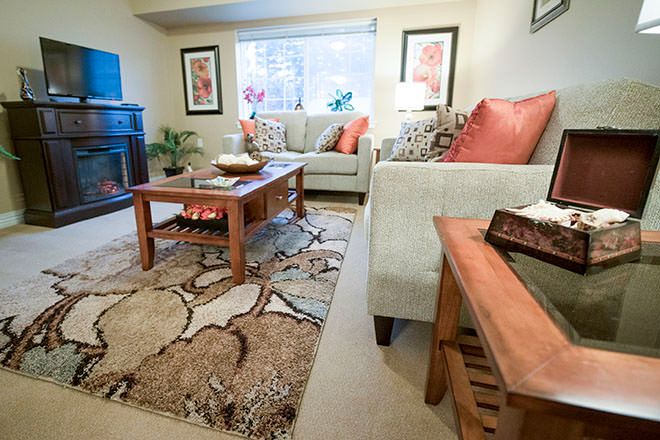 A cozy living room with comfortable sofas, a wooden coffee table, and a stylish rug.