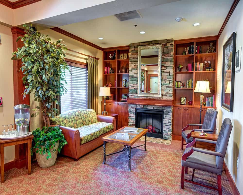 Cozy living room with a fireplace and bookshelves, featuring a sofa, chairs, and decorative plants.