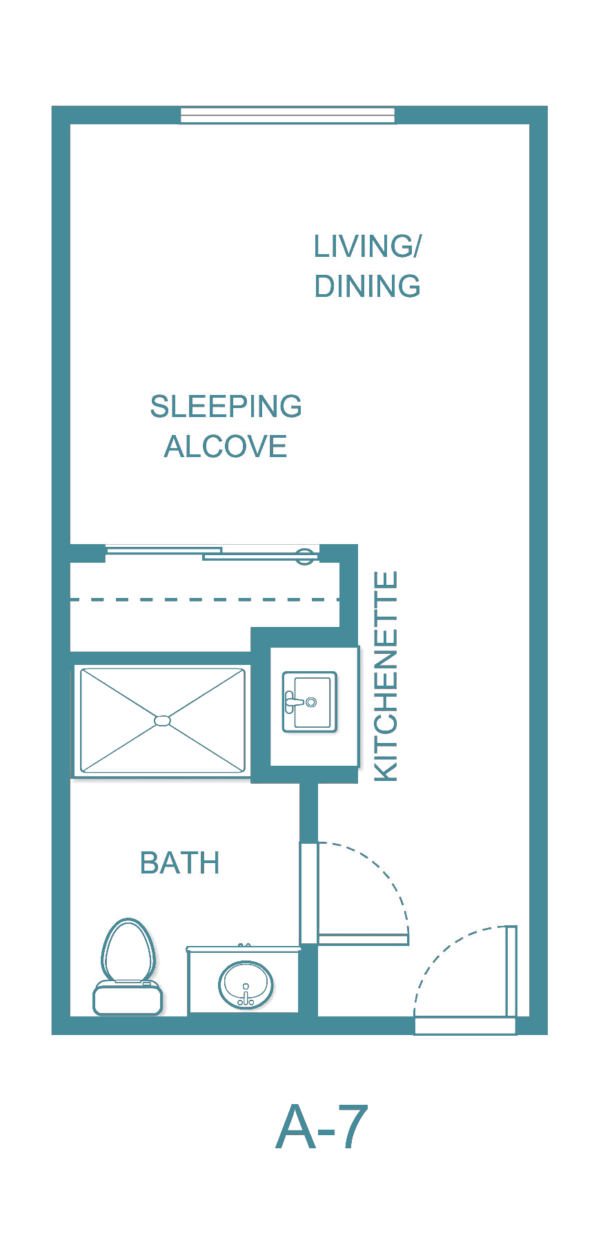 Studio apartment floor plan with a sleeping alcove, kitchenette, and bathroom.