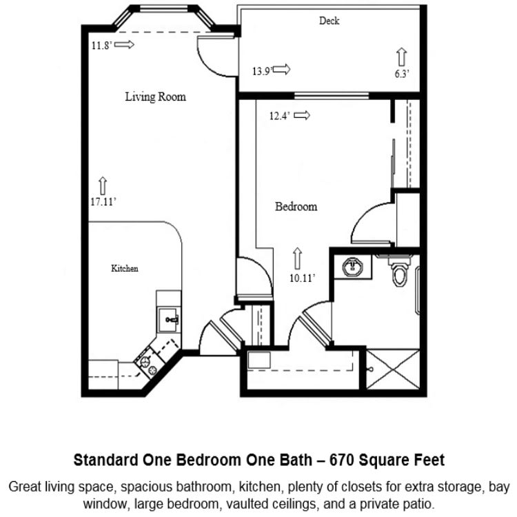 Standard one-bedroom, one-bathroom apartment layout with 670 square feet of space.
