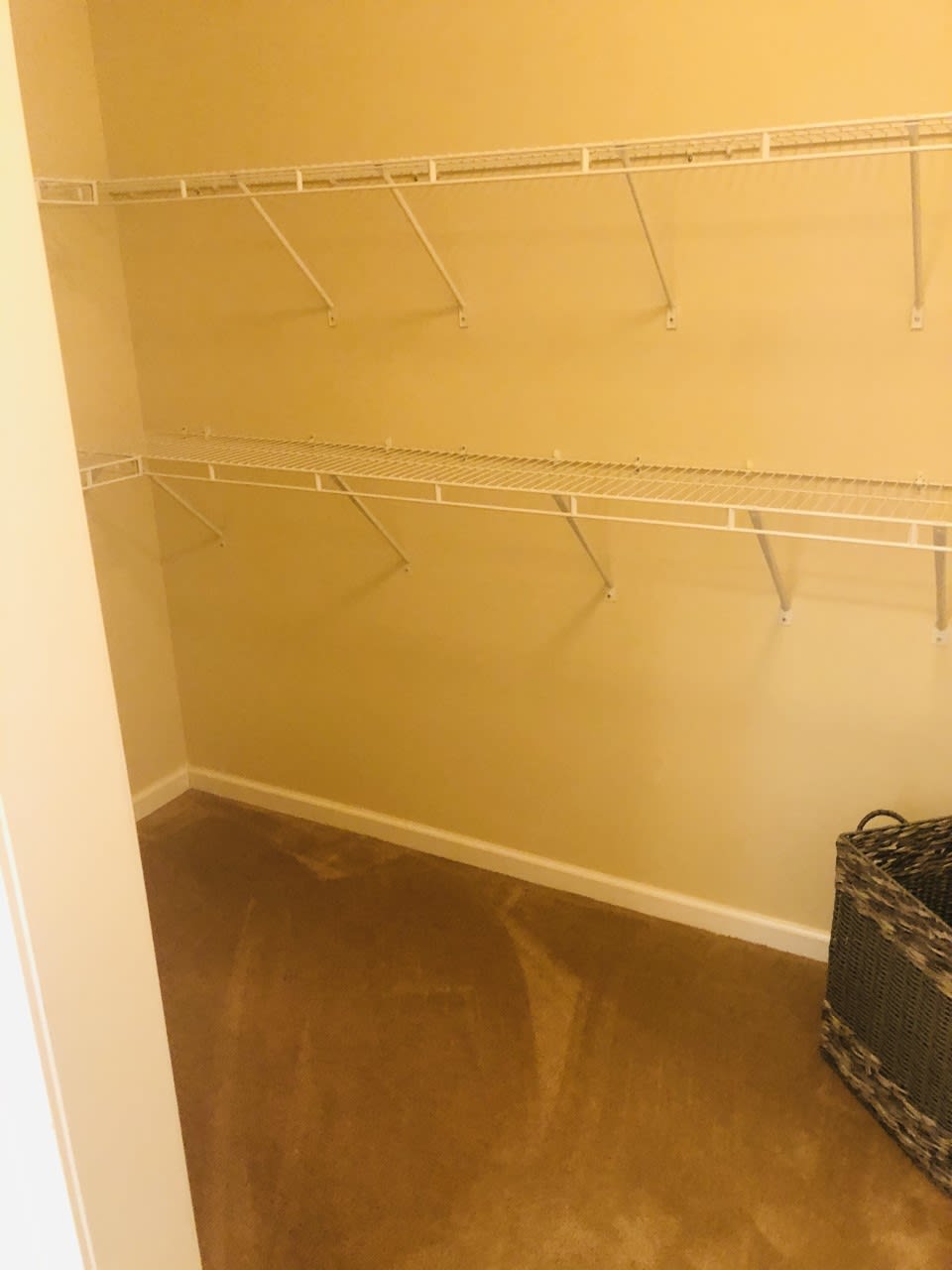 An empty walk-in closet with wire shelves.