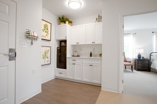 Modern kitchen interior with white cabinets and decorative elements.