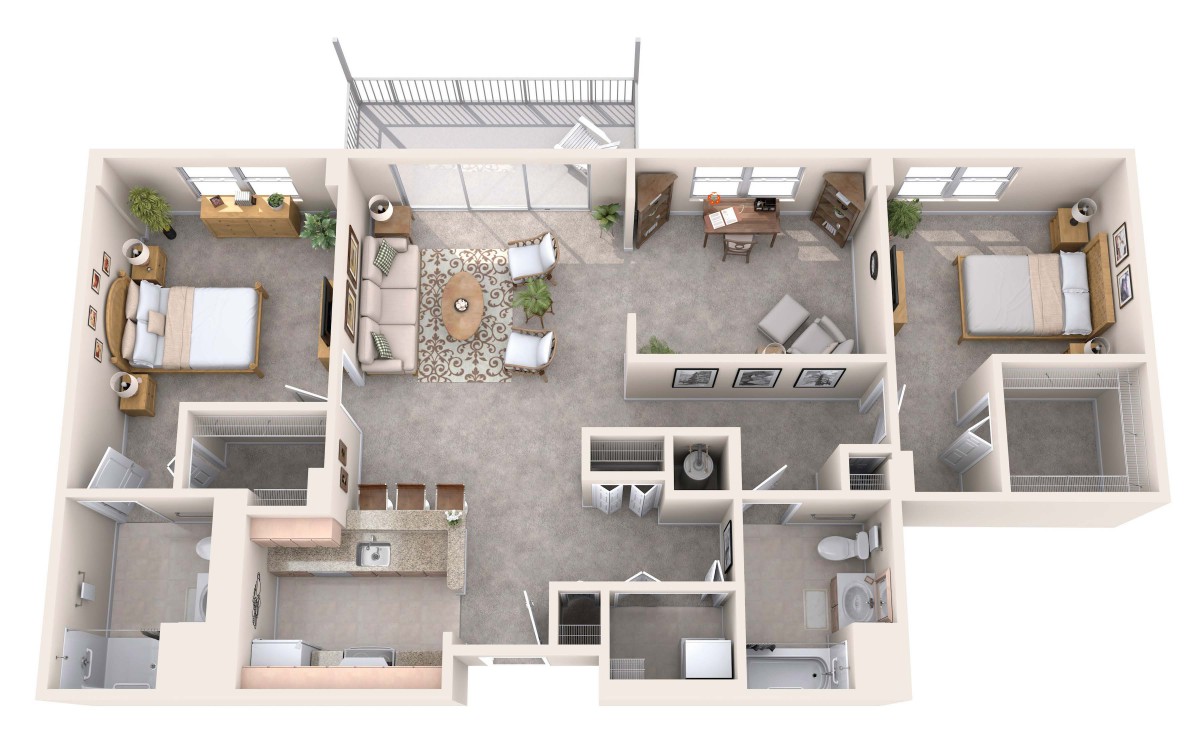 A detailed floor plan of an apartment showing the layout of rooms, including living areas, bedrooms, bathrooms, and a kitchen.