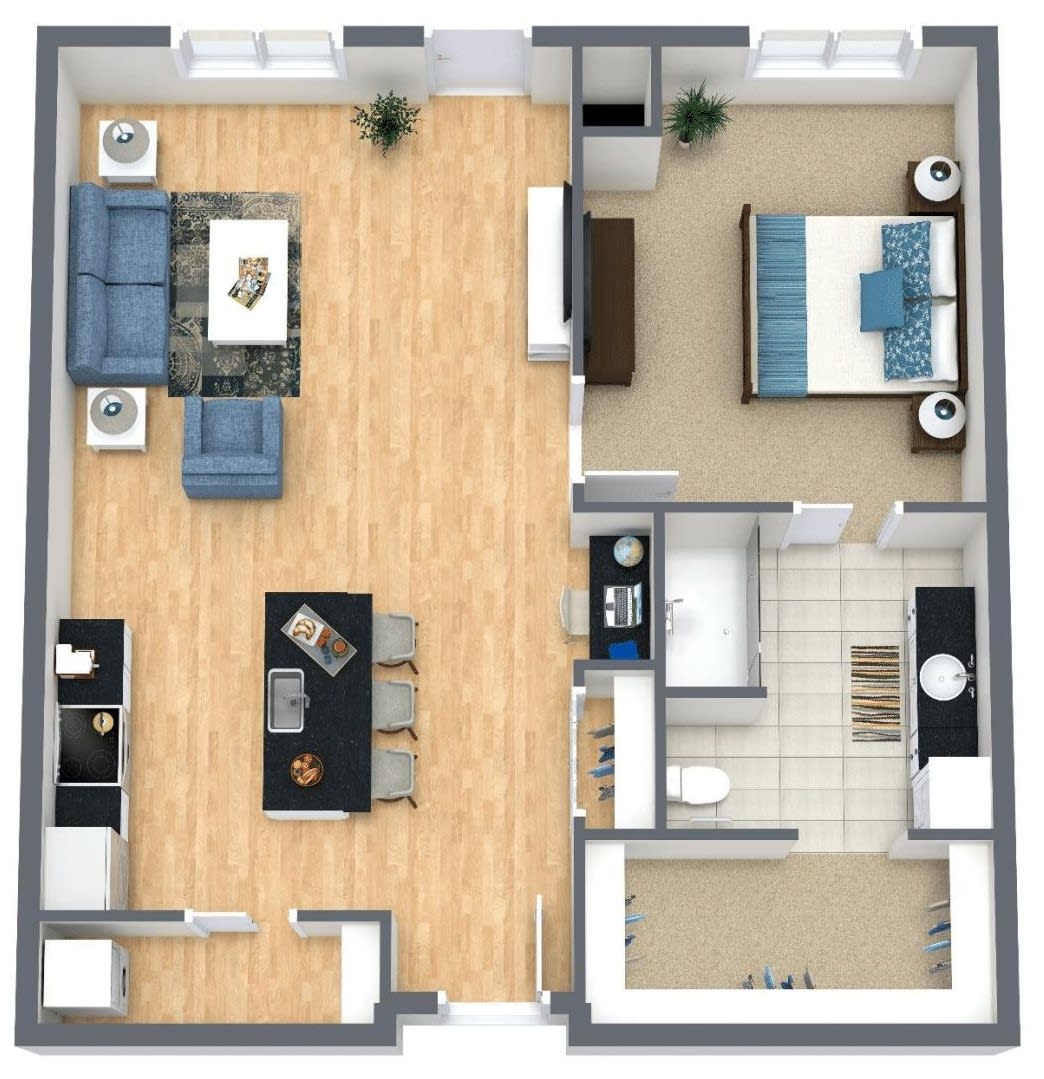 A detailed floor plan of a one-bedroom apartment featuring an open living area and kitchen.
