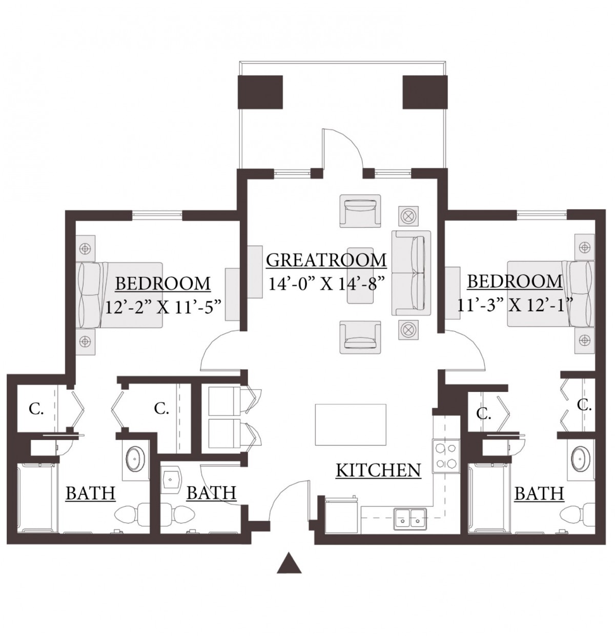 This image shows a floor plan with two bedrooms, a kitchen, a great room, and three bathrooms.