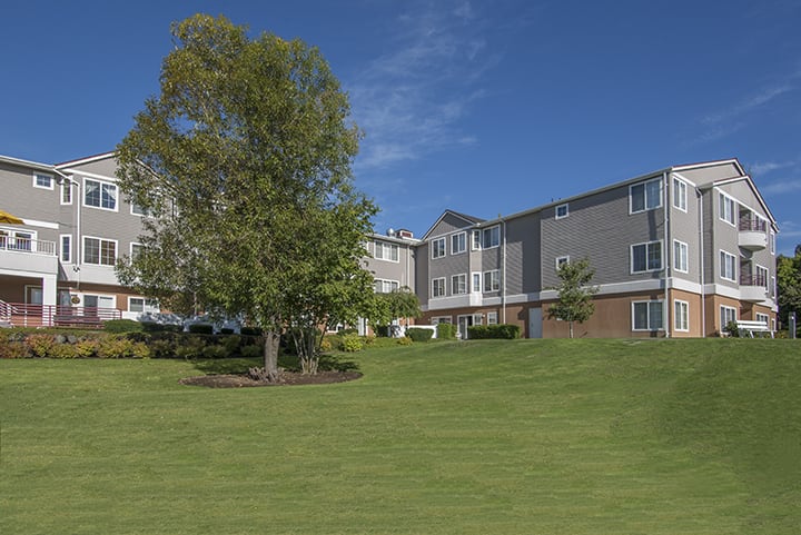 A residential apartment complex with a well-maintained lawn and a tree under a clear blue sky.