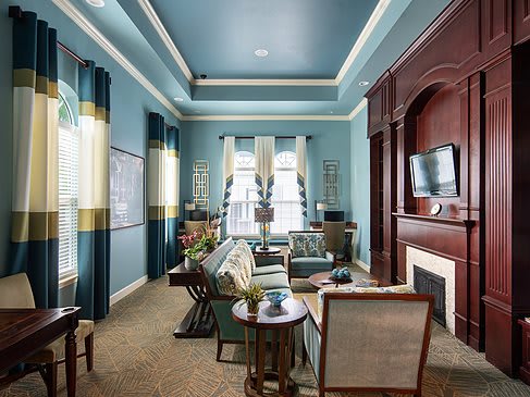 A stylish living room featuring blue walls, a fireplace, and modern decor.