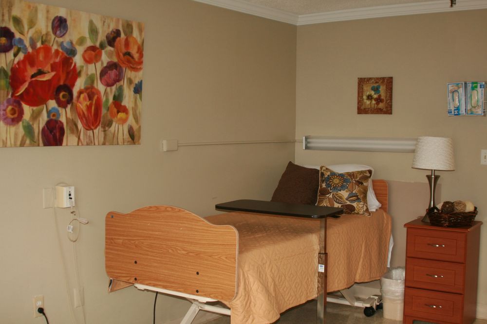 A hospital room with a single bed and wall decorations.