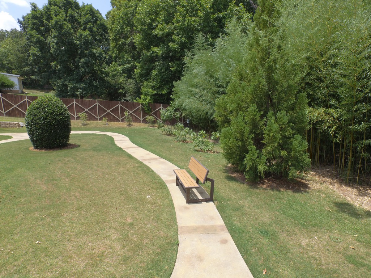 A peaceful park scene with a bench and a winding pathway surrounded by greenery.