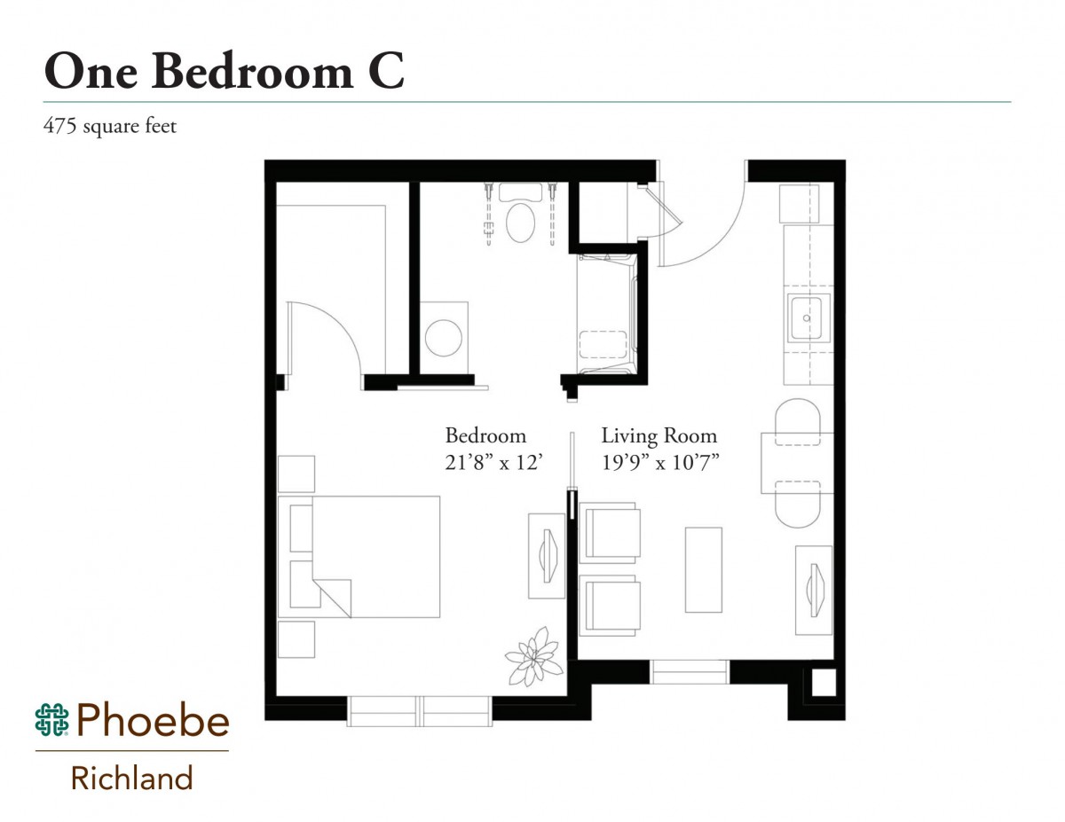 One-bedroom apartment floor plan with living room and kitchen area.
