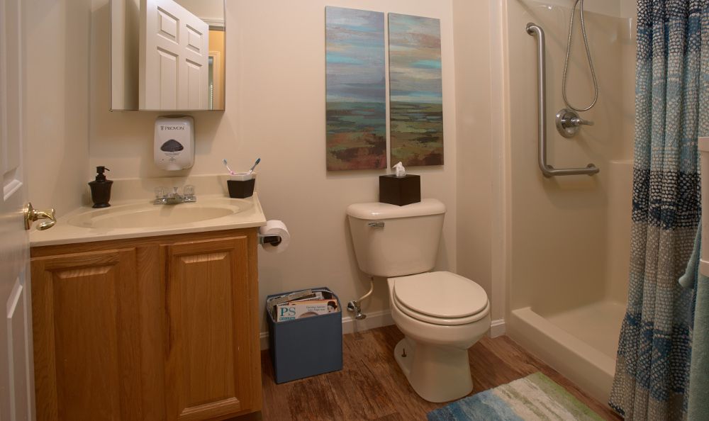 A modern bathroom with a toilet, sink, and decorative artwork on the wall.