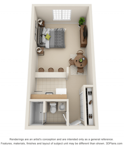 A 3D floor plan of a compact studio apartment showcasing an open layout with a bedroom, kitchen, and living area.