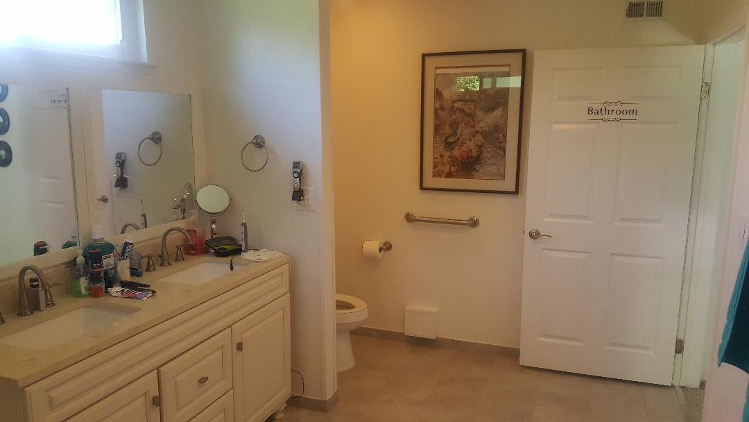A well-lit bathroom with a sink, toilet, and wall decor.