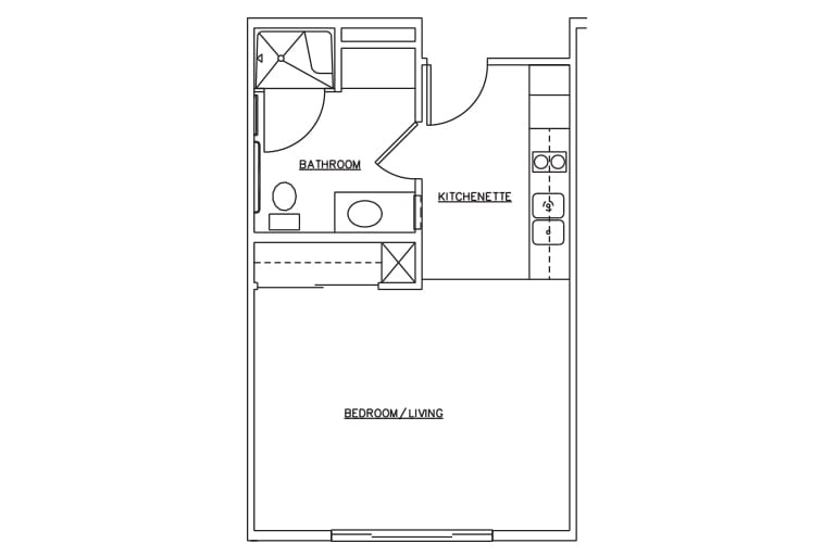 A simple studio apartment floor plan illustrating a bathroom, kitchenette, and main living area.