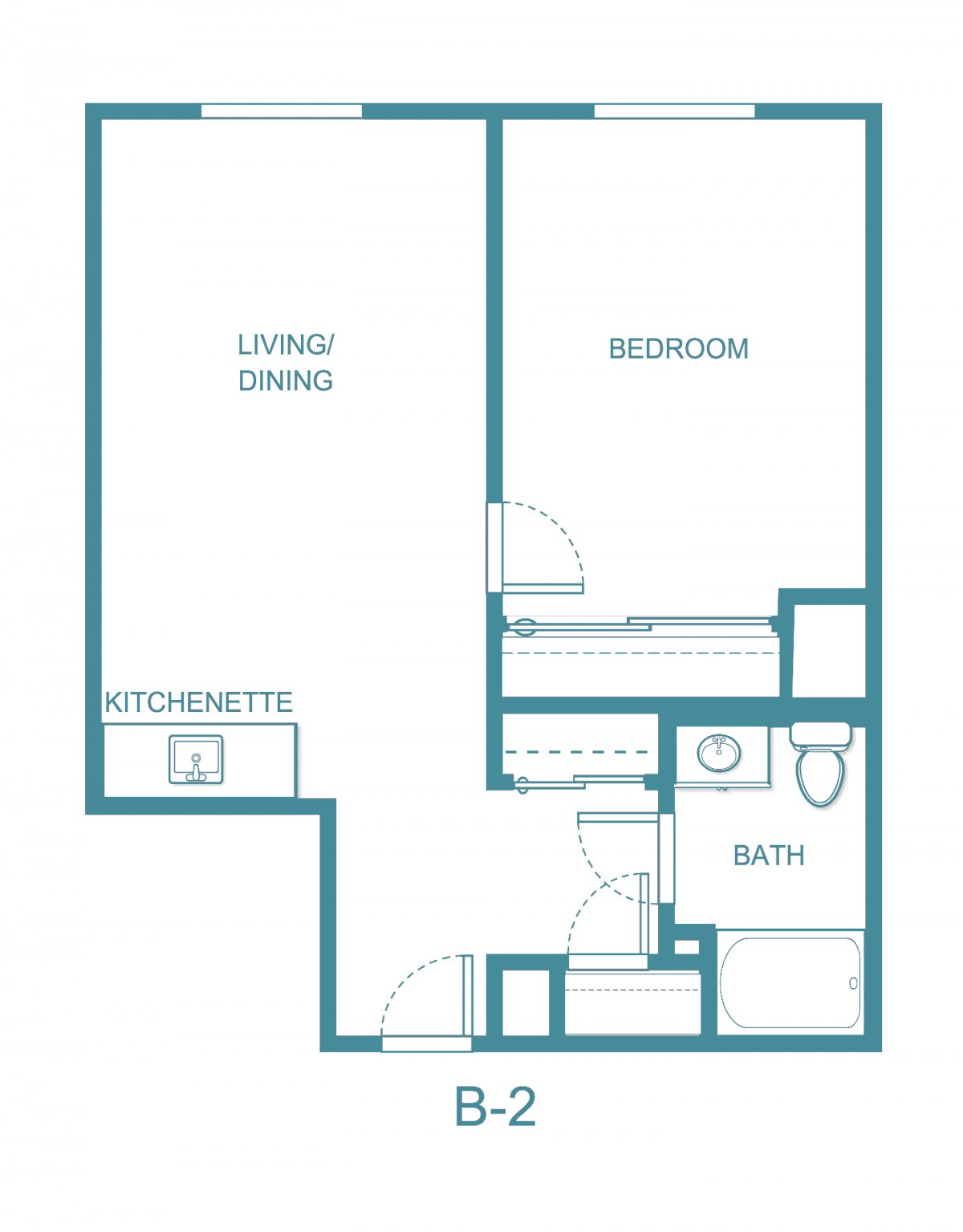 One-bedroom apartment floor plan with a living/dining area, kitchenette, and bathroom.