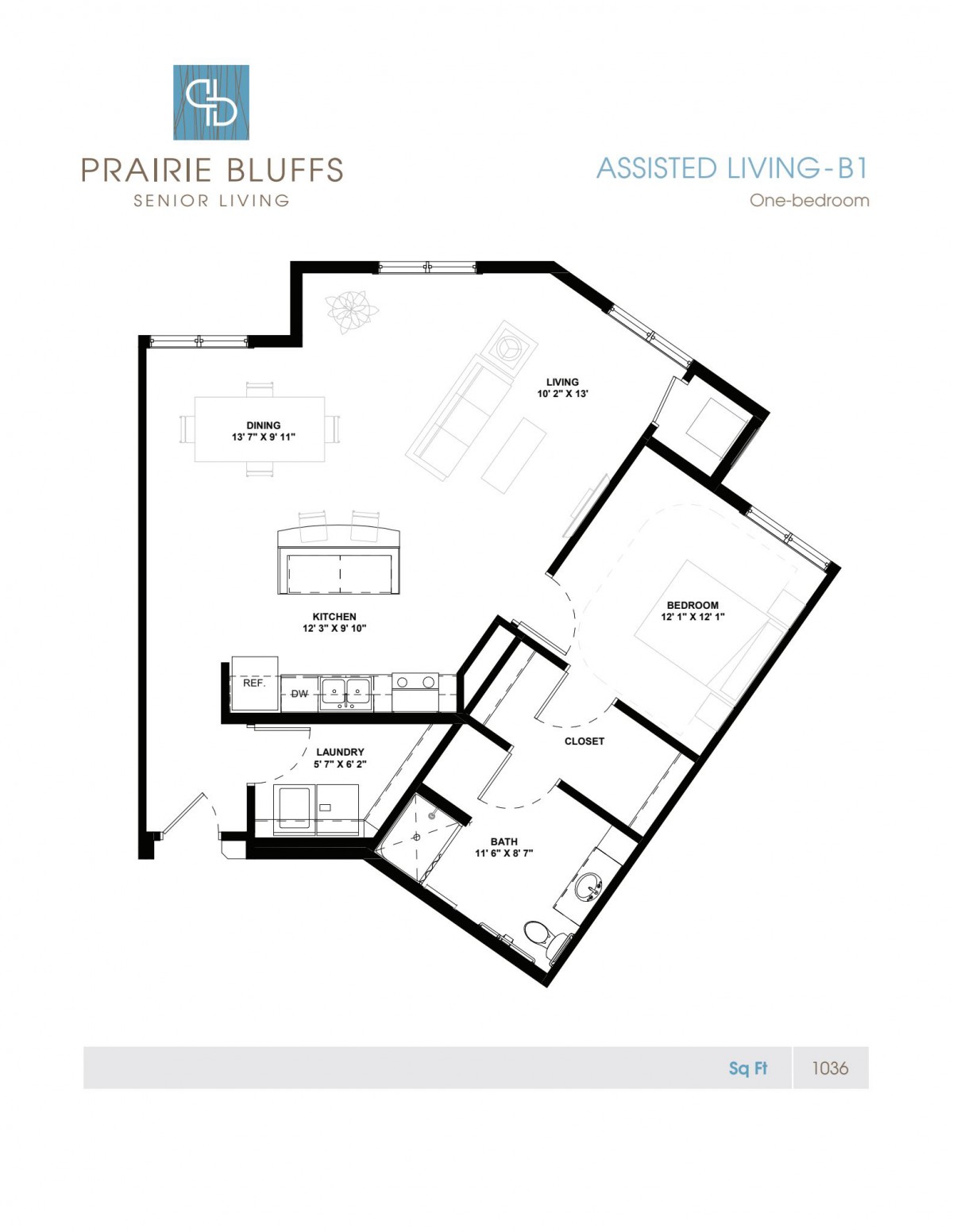 Prairie Bluffs Assisted Living one-bedroom apartment floor plan.