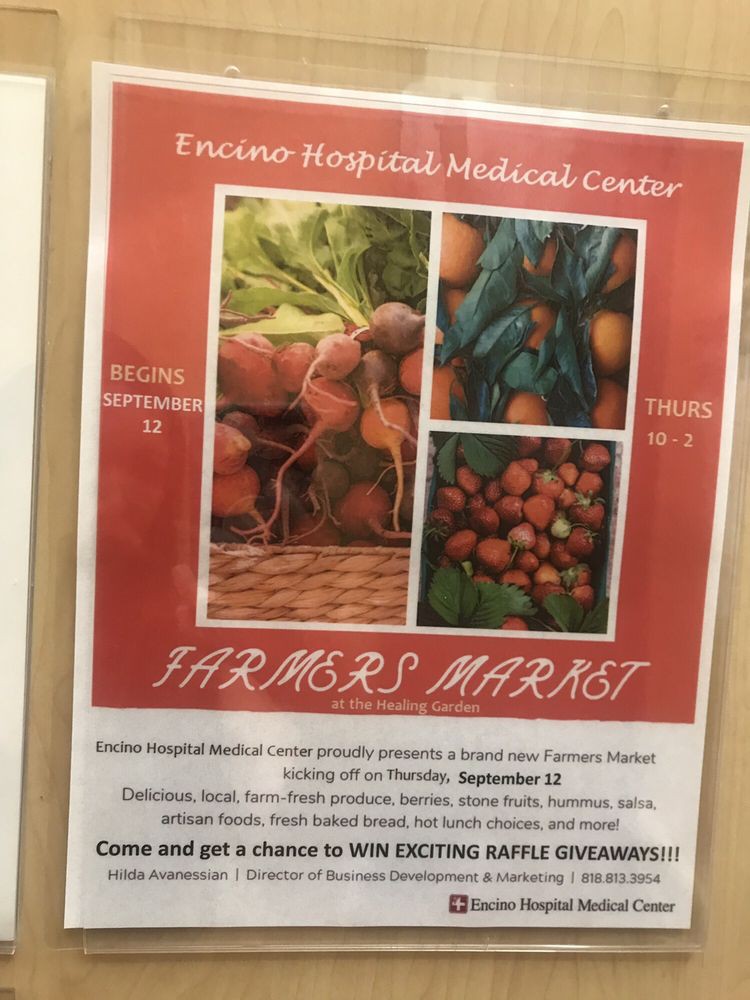 Poster for a Farmers Market at Pioneer Hospital Medical Center featuring local produce and a raffle drawing.