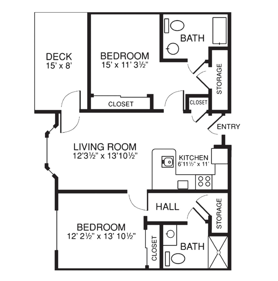 A floor plan of a two-bedroom apartment including a living room, kitchen, two bathrooms, and a deck.