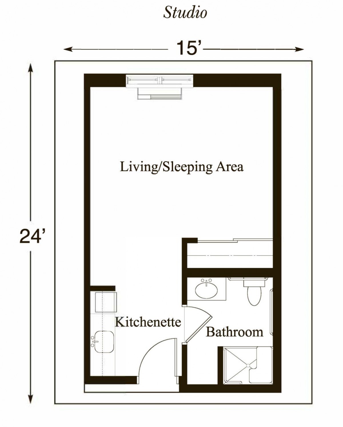 Studio apartment floor plan with living/sleeping area and kitchenette.