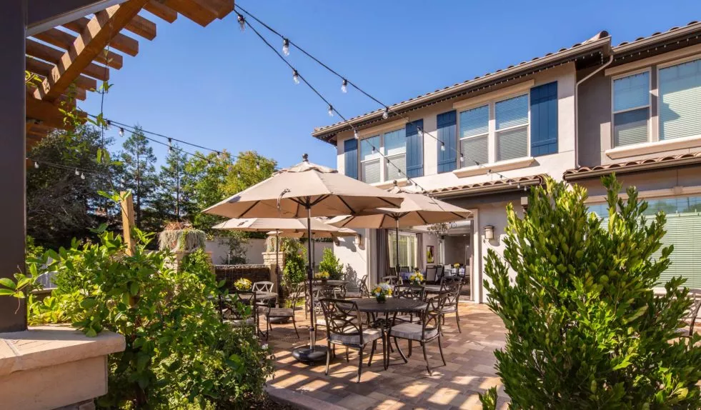 A sunny patio area with outdoor seating and umbrellas, surrounded by plants and adjacent to a building.