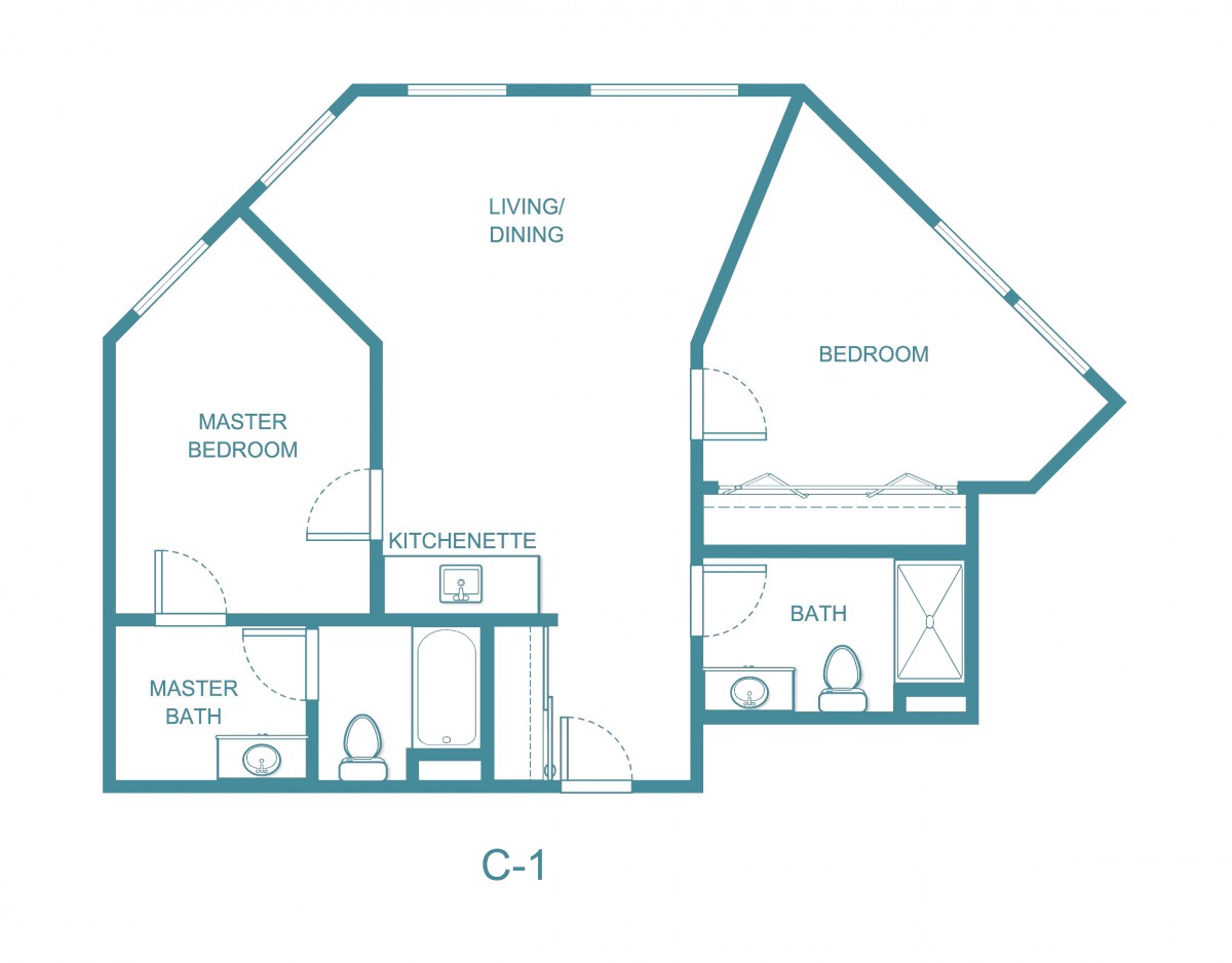 Blueprint of an apartment layout featuring a master bedroom, a secondary bedroom, living/dining area, and bathrooms.
