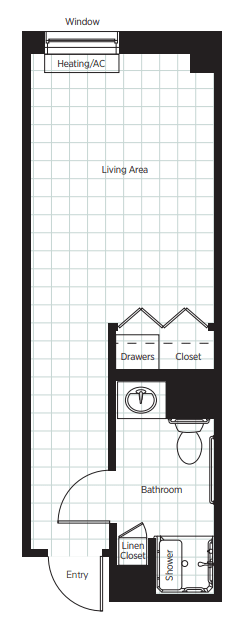 A simple floor plan featuring a small room with a closet, drawers, and a bathroom area.