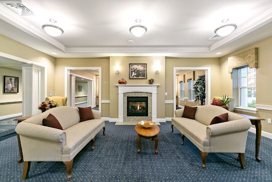 A cozy living room featuring two sofas, a central fireplace, and elegant decor.