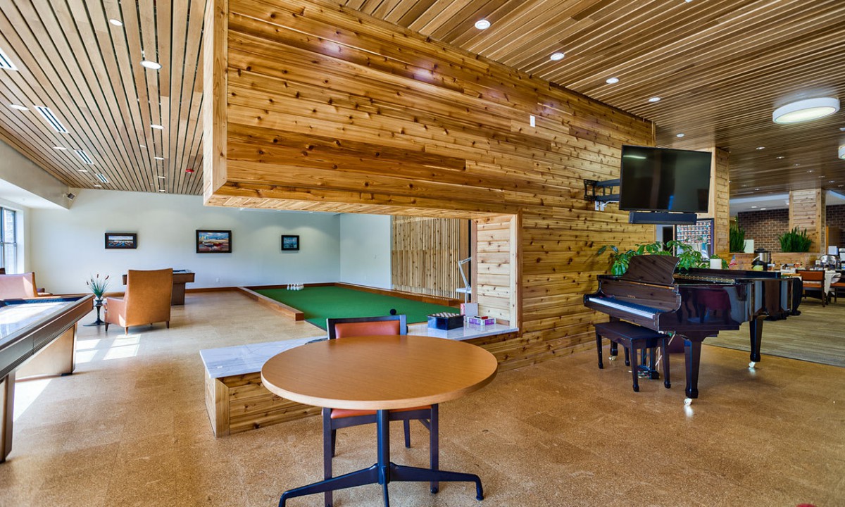A modern interior space featuring wooden paneling, a grand piano, and a pool table.