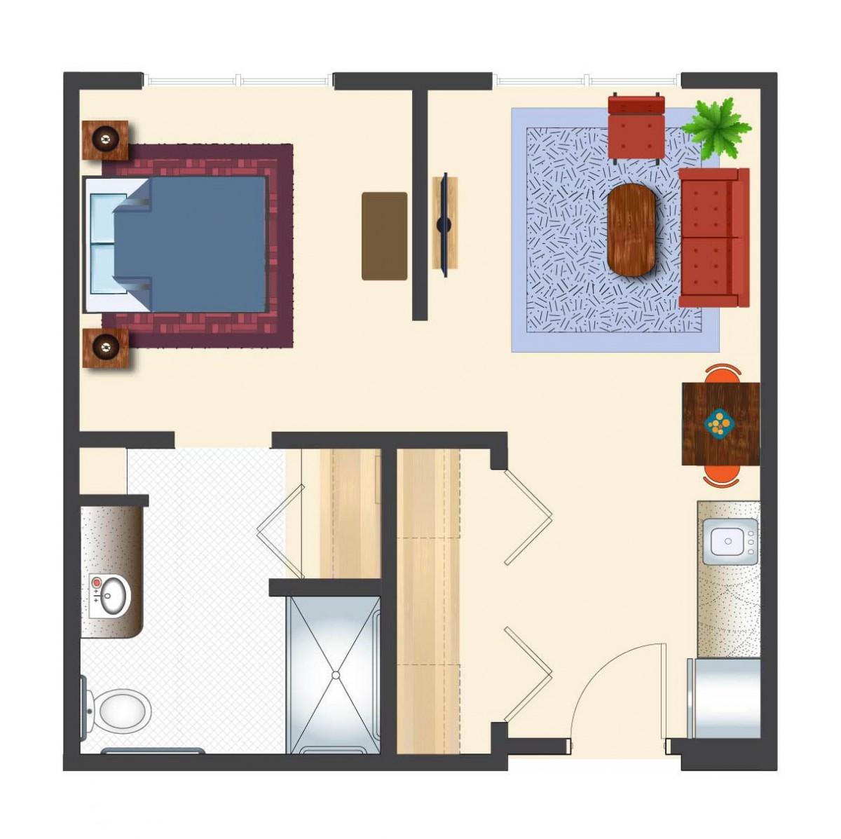 A compact apartment floor plan featuring a bedroom, living room, kitchen, and bathroom.