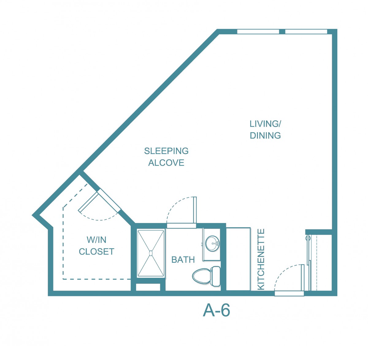 Floor plan of a studio apartment with a sleeping alcove, living/dining area, bath, and walk-in closet.