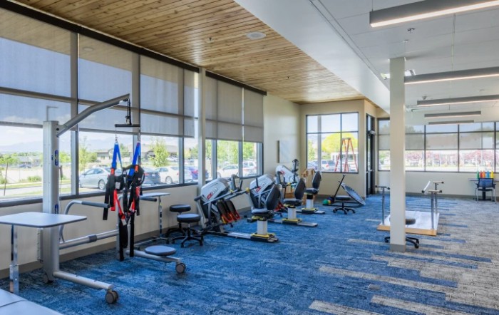 A modern gym with exercise equipment and ample natural light.