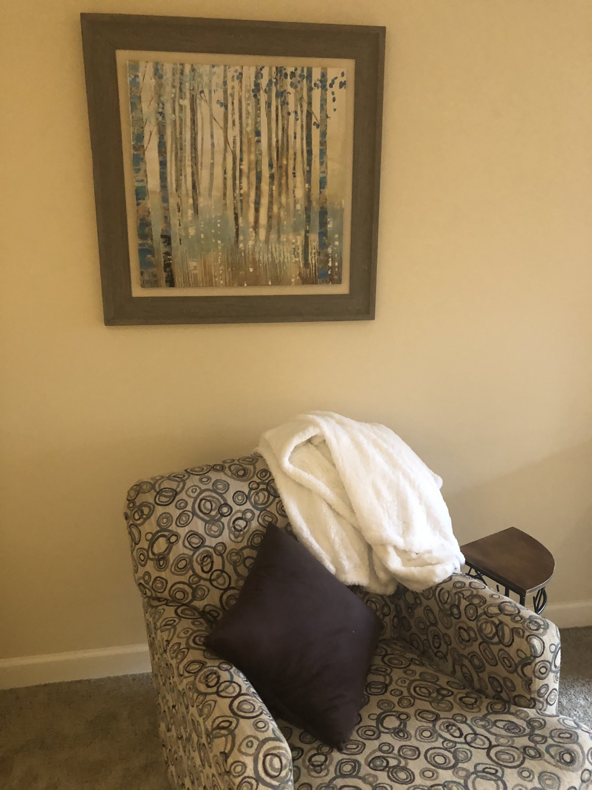 A cozy armchair with a cushion and a white blanket, positioned beneath a framed painting of trees.
