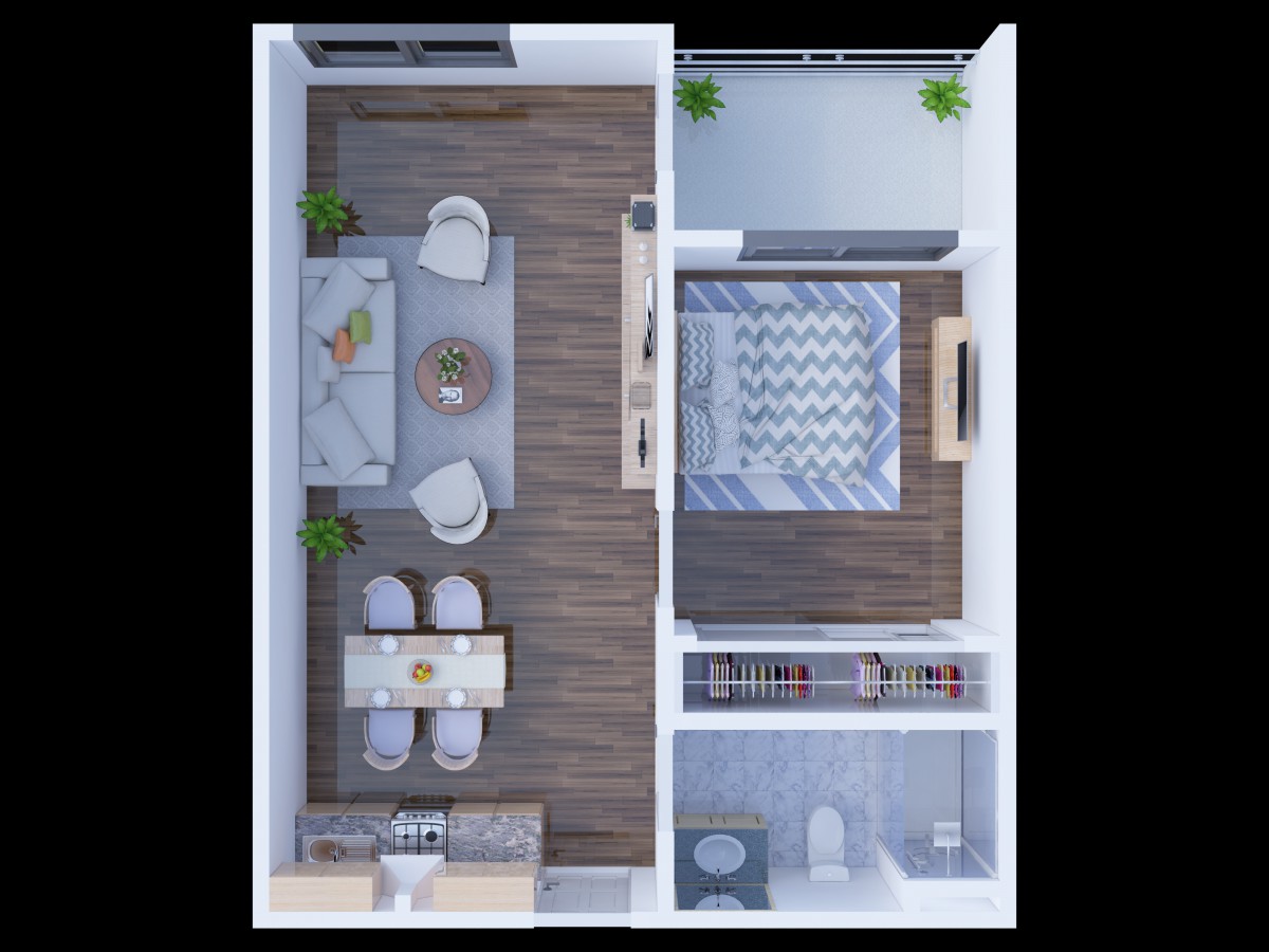 A modern one-bedroom apartment floor plan with a combined living and dining area, kitchen, and bathroom.
