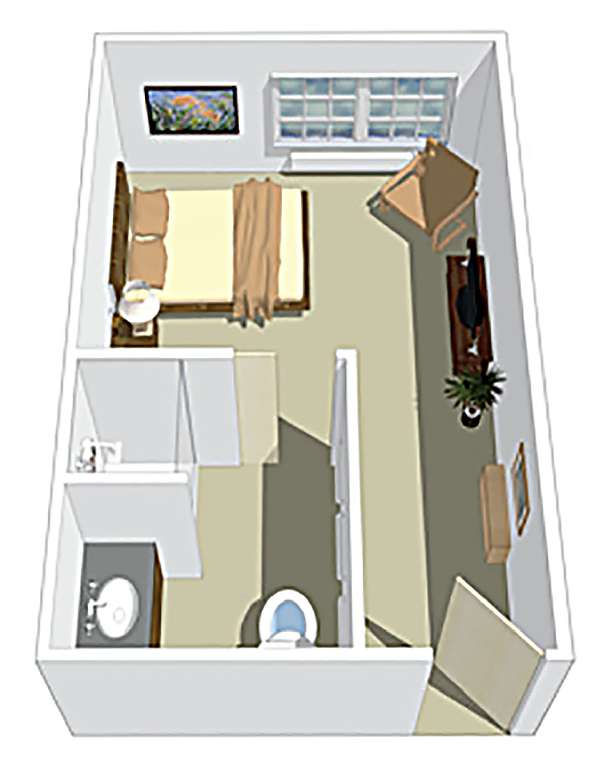 A 3D floor plan of a compact bedroom with an attached bathroom.