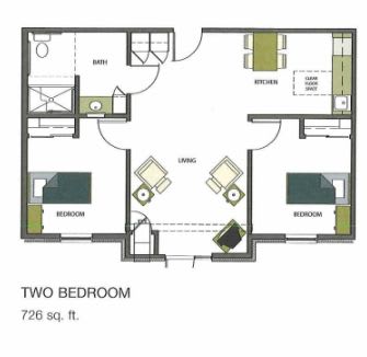 A floor plan of a two-bedroom apartment, measuring 770 square feet.