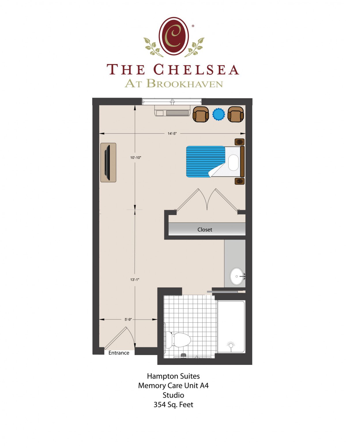 Floor plan of the Chelsea Art Residences, showcasing a studio suite with an open living area and bathroom.