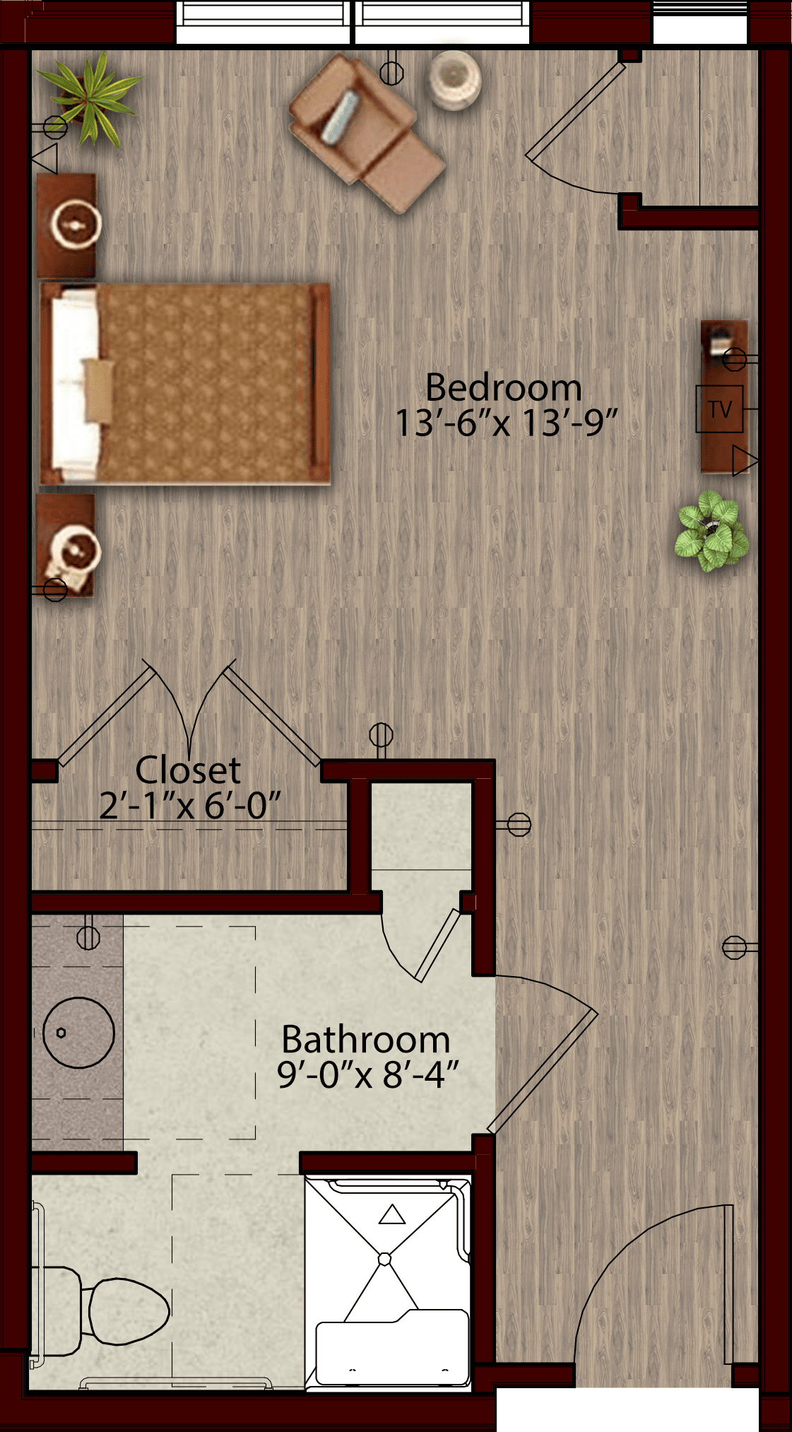 A detailed floor plan of a bedroom with an attached bathroom and closet.