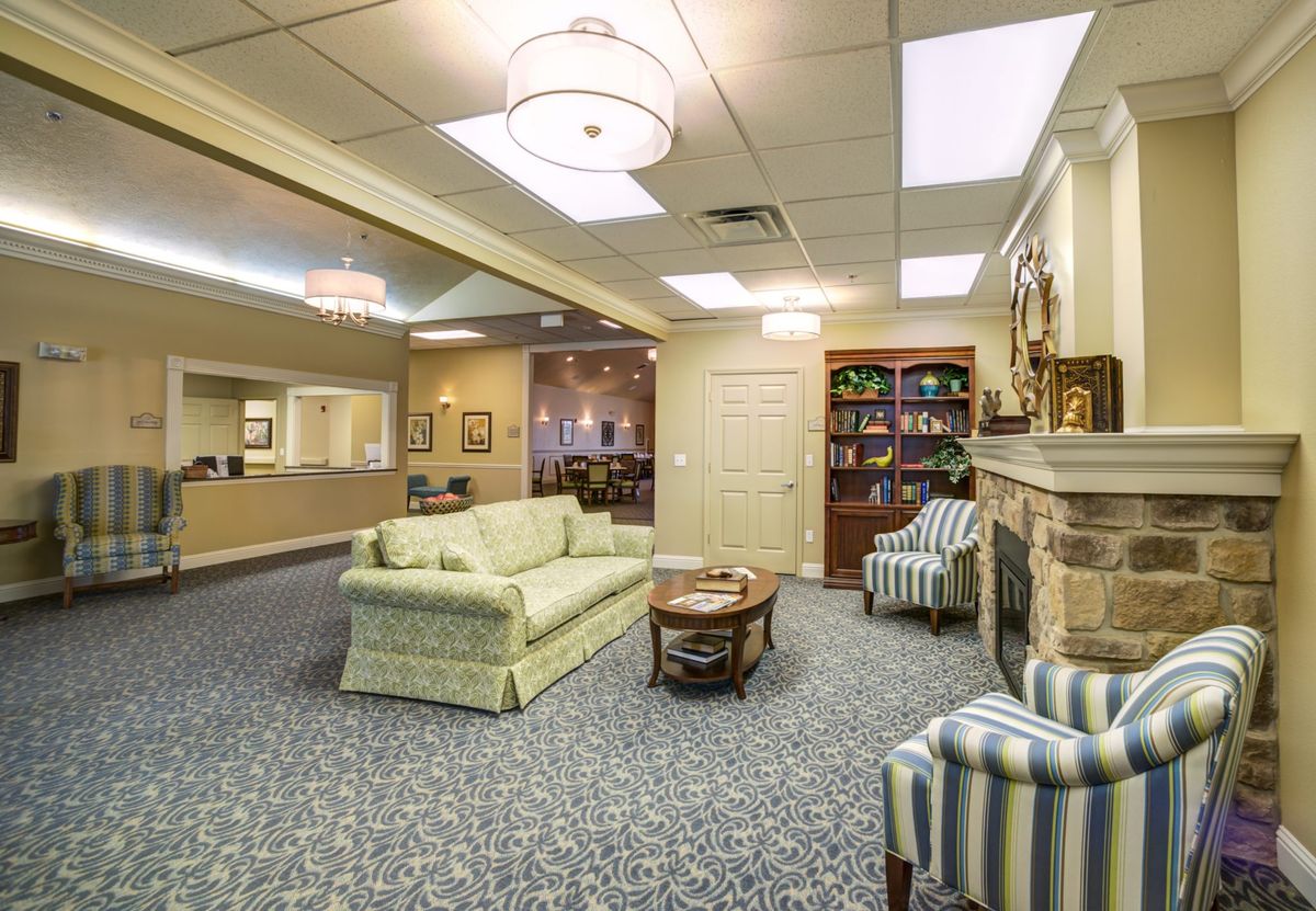 A comfortable lobby area with seating and decor.
