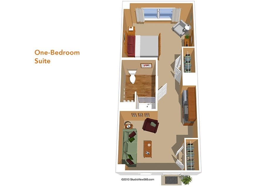 A floor plan of a one-bedroom suite showing the layout of the apartment.