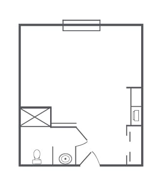 A simple floor plan layout depicting a room with a bathroom.
