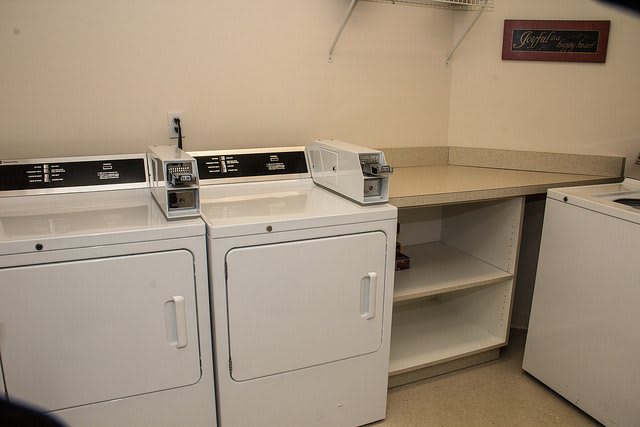 A laundry room featuring a washer and dryer alongside a countertop and shelves.