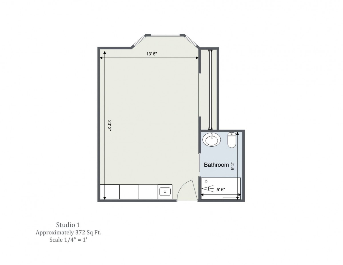 A floor plan of a studio apartment showcasing its layout and dimensions.