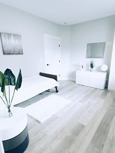 A minimalist bedroom with white decor and a calming atmosphere featuring modern furniture and a touch of greenery.