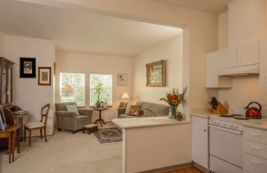 A cozy living room with an open-concept kitchen, featuring comfortable seating and abundant natural light.